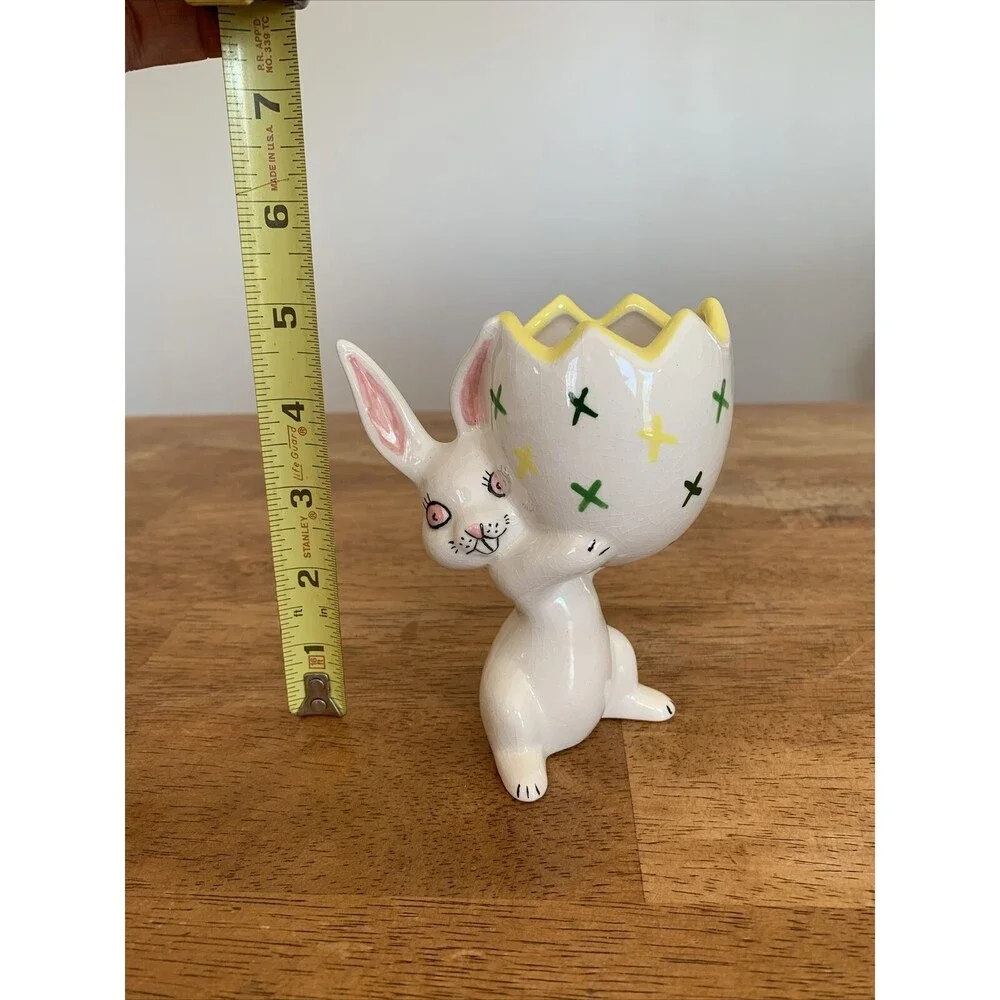 Vintage Ceramic Easter‎ Bunny Rabbit Holding Egg Holder Flower Vase Planter Pot